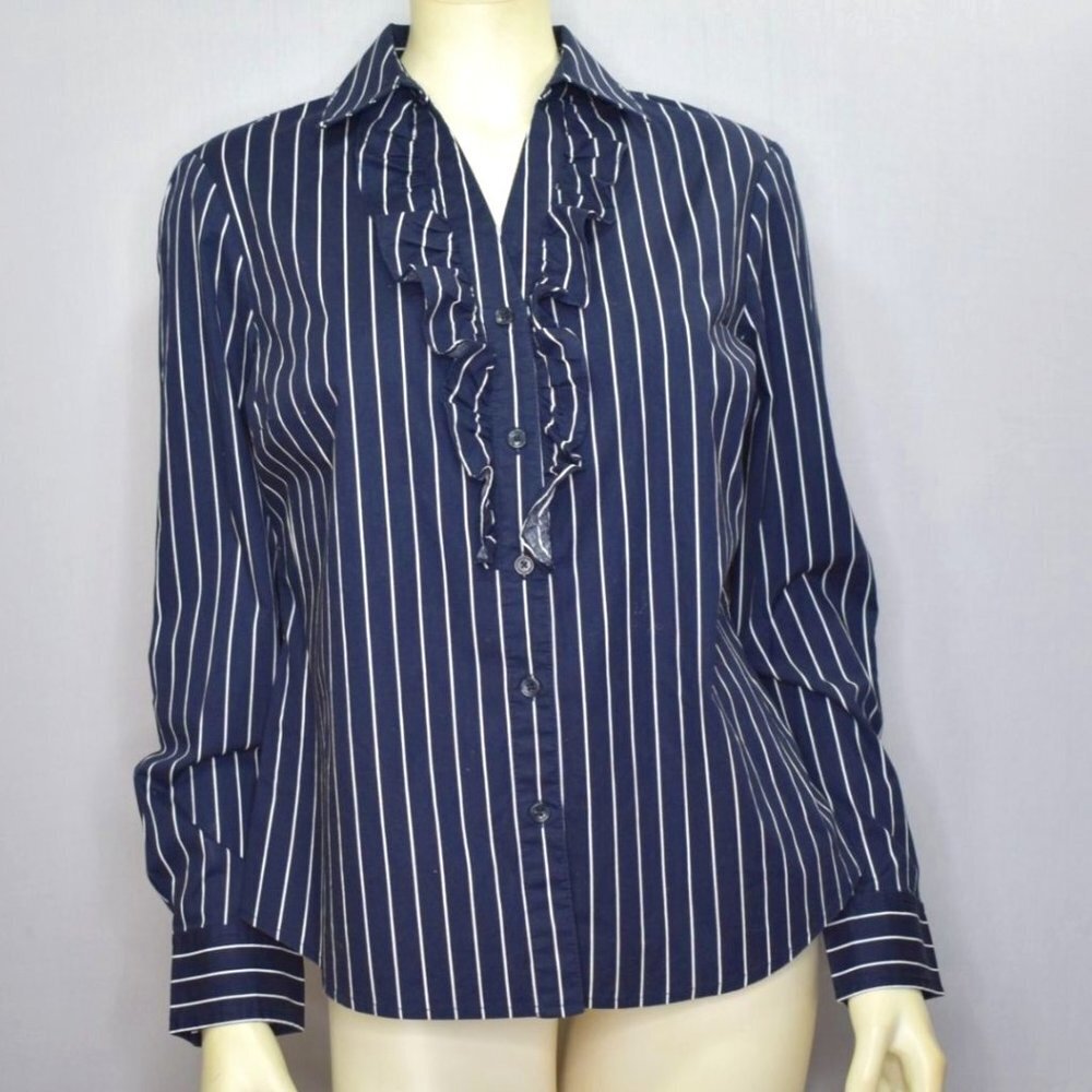 JONES NEW YORK SIGNATURE STRETCH RUFFLE BUTTON UPโ SHIRT SZ MD